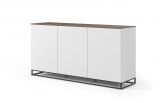 Buffet WHITY blanc mat 180cm 3 portes Plateau noyer piètement noir